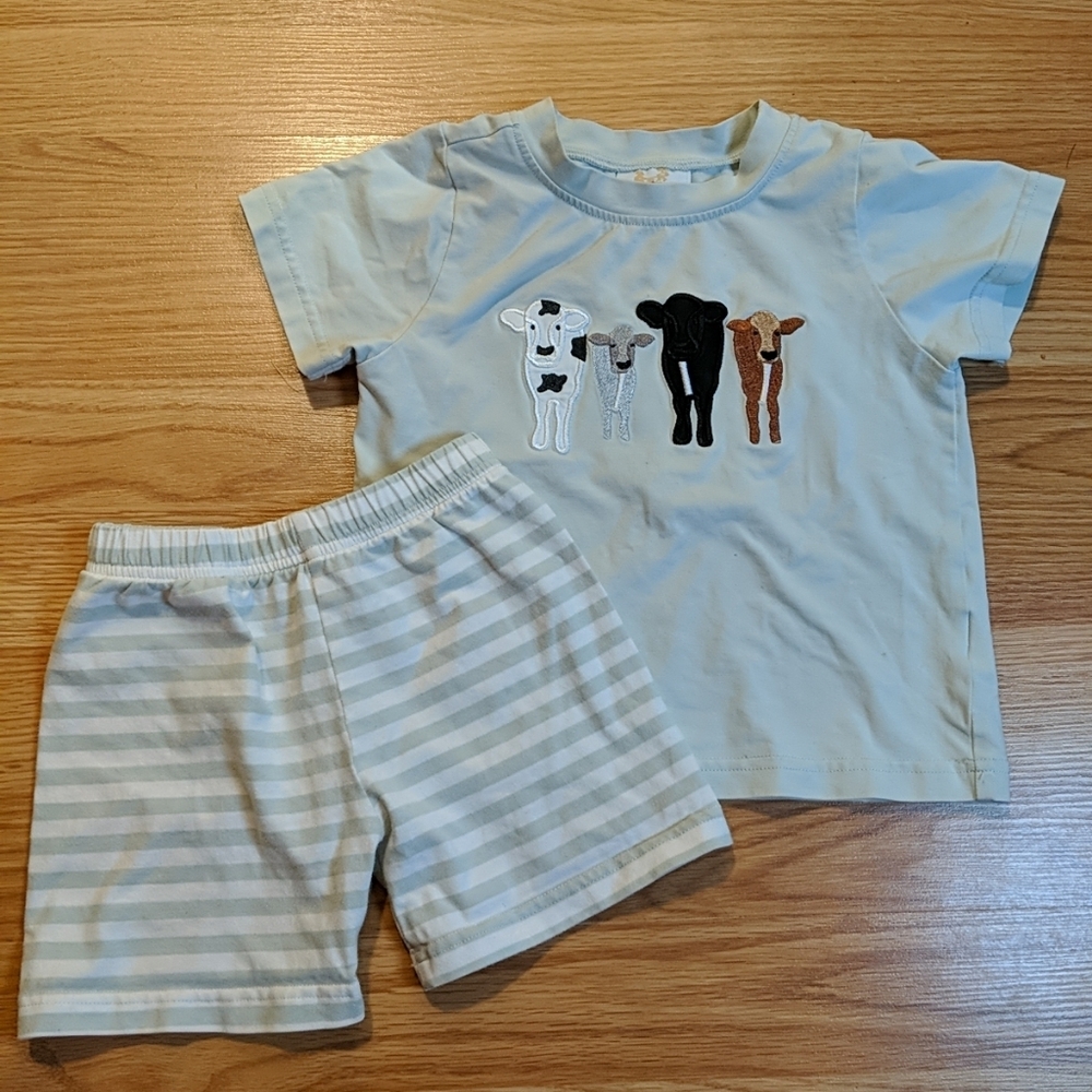 2T Farm Applique Cow Embroidered Short Sleeve Short Set Light Green Stripes